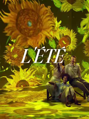 The image features a vibrant scene inspired by Van Gogh's style, with large, yellow sunflowers dominating the background. In the foreground, there's a group of three people seated and one standing. The word "L'ÉTÉ" is prominently displayed in white across the image. A light yellow color floods the scene, probably to enhance the sunshine effect.