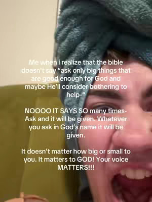 The cover image shows a close-up of a person with a towel on their head and their mouth open wide as if speaking or reacting to something, with overlaid text forming a conversational style.',