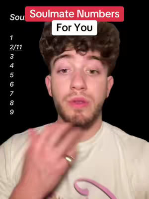 A selfie-style shot features a young man with curly brown hair against a black background. The man has a light complexion, a neatly trimmed beard and mustache, and is wearing a light-colored t-shirt. A gold ring is visible on his finger. Overlaid at the top is a red rectangular banner of text, and a list of numbers and text. His hand is raised near his face as if he is in the middle of a sentence.