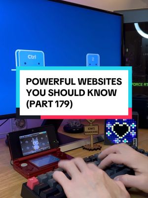 The cover image features a desk setup highlighting a gaming theme.  In the center, a red and black mechanical keyboard is visible, with hands resting on it. To the left is a 3DS displaying a game, and in the background is a monitor with animated elements. The overlayed text announces "POWERFUL WEBSITES YOU SHOULD KNOW (PART 179)".