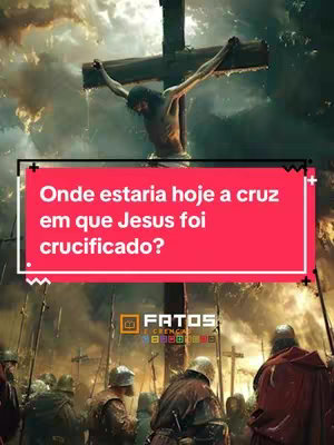 The cover image depicts a digitally created scene of the crucifixion of Jesus. Jesus, with a beard, is nailed to a large wooden cross under a dramatic, cloudy sky. Below, soldiers in Roman-style armor and helmets are gathered. A red banner with the text overlay adds context to the scene, posing a question about the current location of the cross. The color scheme is dominated by dark blues, browns, and reds, enhancing the somber tone. The composition is vertical, designed for mobile viewing.