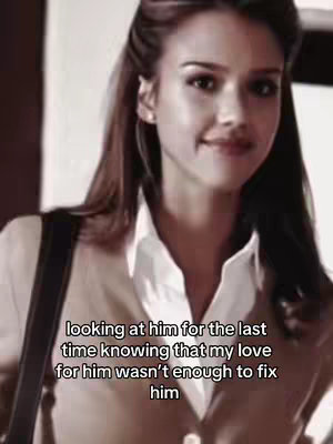 The cover photo shows a woman with light skin, brown hair, and a neutral expression. She is wearing a cream-colored blazer and a white collared shirt. Text overlayed on the image reads, "looking at him for the last time knowing that my love for him wasn't enough to fix him."