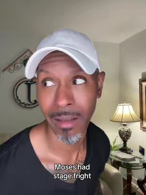 A man with a white cap looks slightly off-camera, his expression a mix of surprise and contemplation. Text at the bottom discusses stage fright.