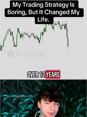 The image is a split-screen that combines elements to convey financial strategy content. Above, there's a chart of green and black trading data, with the text 'My Trading Strategy Is Boring, But It Changed My Life.' overlaid, written in white font against a black background. Below, a person is centered from shoulders to the top of their head, the lighting is green, which is a common color used for positive emotions in finance, a box with a black outline and red text reads 'OVER 12 YEARS' The overall composition merges informative financial data with a personal testimonial.