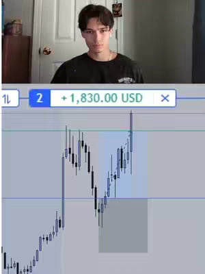 A young man is centered in the top half of the frame, looking directly at the camera. Below him, a trading chart is displayed, with candlestick patterns and supporting lines. In the upper right corner of the chart, a floating box displays the text '+1,830.00 USD' with a close-out 'X' button.