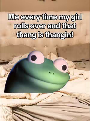 An image shows an animated green frog face with large white eyes, looking up with a slightly amused expression. The frog's head is superimposed over a bed with rumpled white sheets and pillows.