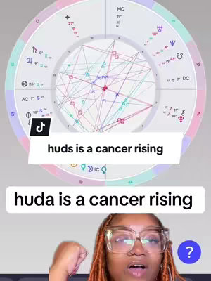 The cover image is a split screen. The top portion shows a colorful astrological chart with various symbols and lines. Overlayed on the chart are two text boxes, one stating "huds is a cancer rising" and the other "huda is a cancer rising". The bottom portion features a person with orange-red hair, glasses, and an open mouth, potentially speaking or reacting. A large white question mark is in the bottom right corner.