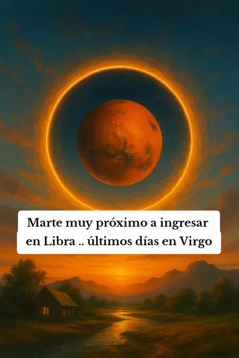 An image depicting a digital painting of a sunset over a landscape. In the center, a large, fiery red planet, likely Mars, is encircled by a glowing orange ring, set against a gradient blue and orange sky. Below, a silhouetted landscape featuring rolling hills, a river, and a small house adds depth. The top of the image includes text overlayed on a rectangle, which reads: 'Marte muy próximo a ingresar en Libra .. últimos días en Virgo.' The overall composition evokes a sense of mystical celestial event.