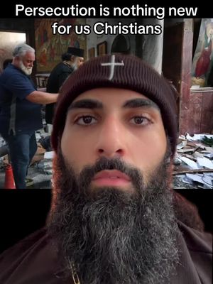 The cover image shows a man with a long, gray beard in a selfie-style shot. Behind him is a scene of what appears to be a damaged religious building. Text overlayed on the top reads: 'Persecution is nothing new for us Christians.' The man is wearing a brown beanie with a cross on it.