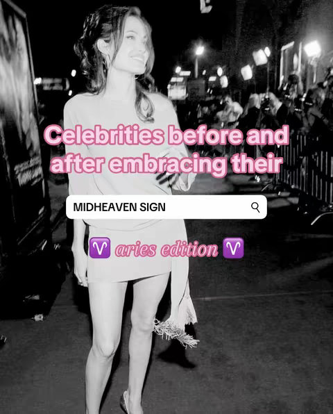 A black and white image of a woman on a red carpet, likely at a premiere. Text overlays include the phrase "Celebrities before and after embracing their" followed by a search bar and the text "MIDHEAVEN SIGN." There is also text that states "aries edition" in a pink and white font over the image.
