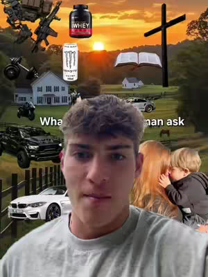 A young man is the focal point of the image, positioned in the foreground, slightly off-center. Behind him is a colorful collage of symbols: a cross, a book, a can of Monster energy drink, a bottle of whey protein, and a series of objects that can be interpreted as representing different aspects of life or ideologies.