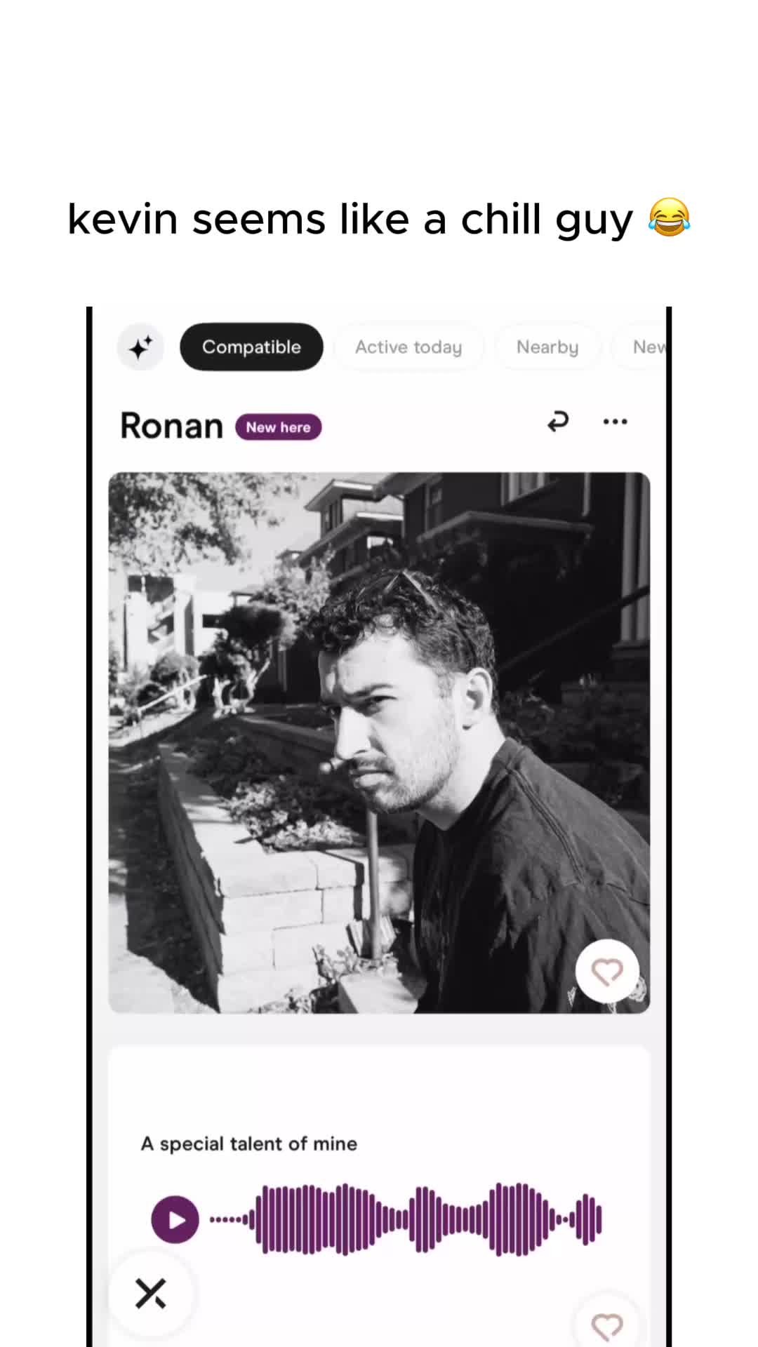 The cover image shows a screenshot from a dating app, featuring one profile in a black and white photo format. On top of the image is additional text along with a cartoon emoji. The interface shows profile details which includes a name and some app interface elements around the photo.