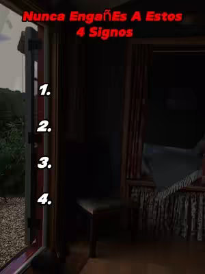 The cover image displays a scene with a window on the left, revealing a view of trees. Inside, it features a dark, moody interior with a partially visible curtained window. Text overlays at the top state "Nunca EngañEs A Estos 4 Signos", the numbers "1," "2," "3," and "4" are listed vertically down the left side..