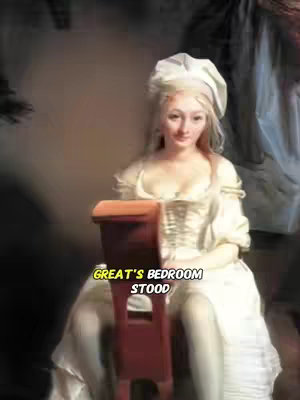 A softly lit image that portrays a woman seated in a room, presented in a vertical video format. The woman, who appears to be a historical figure, is dressed in an off-white dress and bonnet. She is sitting on a dark brown wooden chair. Overlaid text indicates bedroom stool.