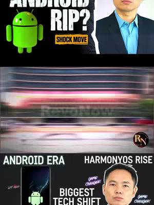 The cover image is a composite presenting a tech news concept with a prominent visual hierarchy. The layout uses a split-screen effect or a multi-panel design. The top portion features a split image: on the left, a vibrant green Android mascot figure, and on the right, a person. Below, the image continues with a blurred background of a cityscape and text overlays indicating the shift of the tech industry.
