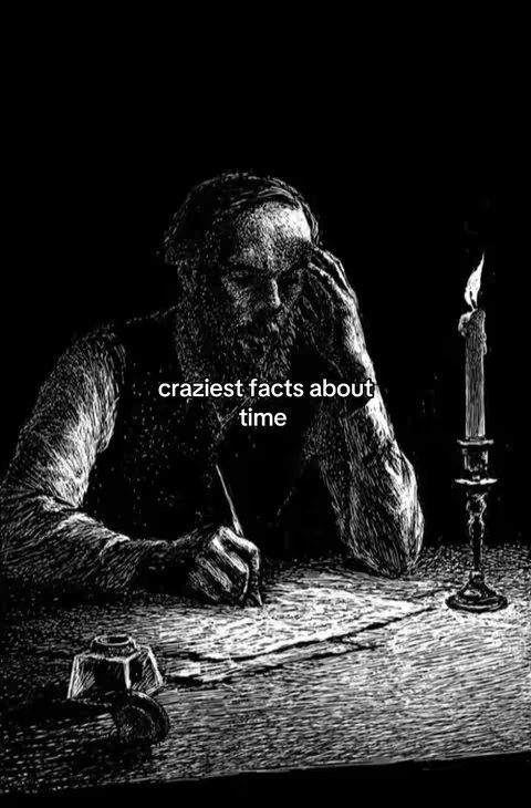 A black and white engraving depicts a man seated at a desk, leaning his head on his left hand and writing. A candle in a candelabra is lit to his right, and an inkwell sits on the desk. The words "craziest facts about time" are overlaid on the image.