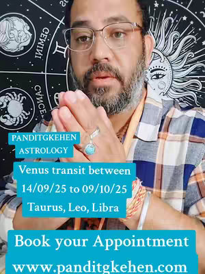 A man with glasses and a beard is the central figure, positioned in front of a background that includes astrological symbols. He is wearing a shirt, and holding his hands together, with a necklace with a stone pendant. Overlaying the image is a teal rectangle containing text about astrology and a call to action to book an appointment.