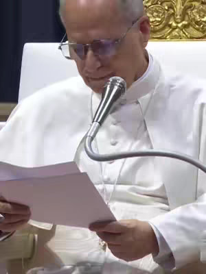 The cover image shows an older man, presumably Pope Leo XIV, speaking into a microphone while holding a paper. He is wearing glasses and a white robe. The background is blurred but suggests a formal setting, possibly a church or a conference hall.