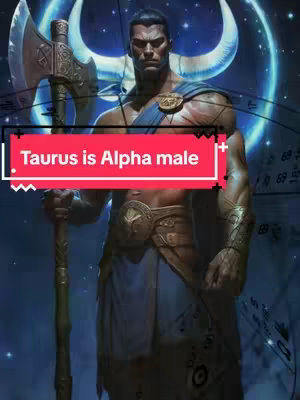 An illustrated image of a muscular male figure holding a large axe, set against a background hinting at a night sky. The text overlay indicates this relates to Taurus and alpha male characteristics
