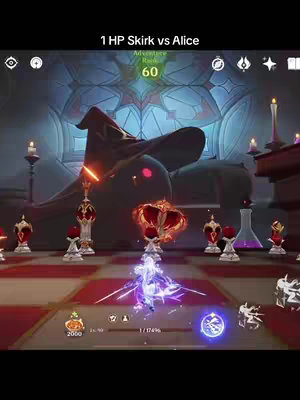 A still from a video game showing a 3D scene with a figure facing a large, animated hat and decorative elements on a red-and-white checkered floor. The figures are emitting radiant energy. The overall lighting is dark, suggesting a dramatic or mysterious setting, with text overlays at the top of the image.