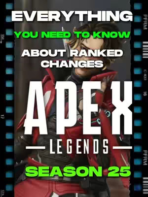 The cover image has a central figure of a video game character with text overlays. The character is shown from the chest up, wearing red and black armor with a blurred background. Text is prominently displayed: "EVERYTHING YOU NEED TO KNOW ABOUT RANKED CHANGES" in white and green, and "SEASON 25" in green. The "APEX LEGENDS" title is below the figure in large white letters. The film-strip-style borders on the left and right complete the design.
