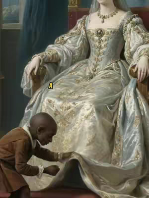 A painting of a woman in an ornate dress seated in a throne-like chair. A dark-skinned boy kneels before her. The woman is fair-skinned and wearing a light-colored gown with gold detailing and a bejeweled necklace. Her hair is covered by a veil. The boy wears a brown outfit and is kneeling, touching the woman's dress.