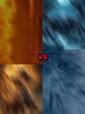 The cover image is divided into four quadrants. The top left quadrant displays an abstract image with a predominant orange and yellow color scheme, suggestive of fire. The bottom left quadrant shows a similar abstract image with brown and yellow colors. The top right and bottom right quadrants feature abstract blue images, possibly representing water or energy. In the center, a red 'VS' symbol is prominently placed, indicating a comparison or conflict. The overall composition uses blurred lines and high color contrast for a dynamic and energetic feel.