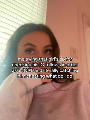 A selfie-style image featuring a young woman against a softly lit background. The woman is positioned in the center of the frame, her face and upper body visible. Text overlayed at the bottom of the image provides context, and her expression conveys an emotional state related to the text.