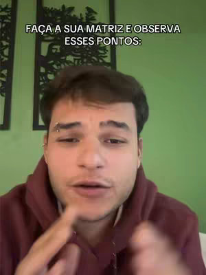 A man with a piercing above his eyebrow is centered in the frame, wearing a maroon hoodie. The background is a solid green wall with two framed artworks. The text overlay reads, 'FAÇA A SUA MATRIZ E OBSERVA: ESSES PONTOS'.