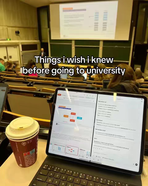 The cover image shows a person's point of view in what looks like a university lecture hall. A tablet with a keyboard is in the foreground, showing notes, diagrams, and text from a study session. Next to it, a disposable coffee cup sits on the desk. In the background, people sit attending to the lecture.