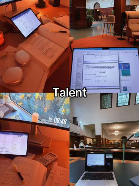 A split-screen image showcasing four different study environments. Top left: Desk with a laptop, tablet, and open book. Top right: Library setting with chairs and tables. Bottom left: Desk with a computer monitor showing a game. Bottom right: Library with a laptop.