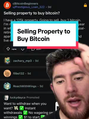 The cover image shows a man in the foreground, partially framed in a selfie-style shot. Behind him is a blurred background displaying what looks like a social media post. The post is about buying Bitcoin. The man may be talking about the post.