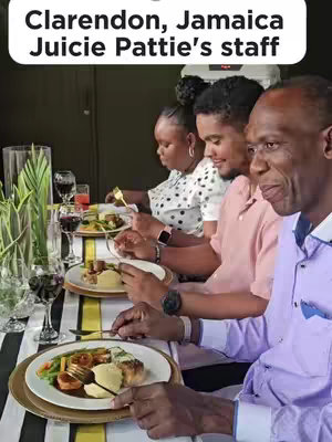 The cover image shows a group of four people, presumably Juici Pattie's staff, seated at a table participating in a table etiquette workshop. They are arranged in a row, each with a plate of food in front of them. The setting appears to be a refined dining environment, with wine glasses and a decorative table setting. The text overlay at the top provides context, identifying the participants and the event.
