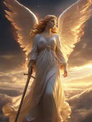 An angelic figure with large, luminous wings stands amidst a cloudy sky, holding a sword. The angel, with flowing blonde hair and a flowing white dress, is the focal point, bathed in soft, golden light. The background is a blend of blues and golds, suggesting a heavenly or celestial setting.