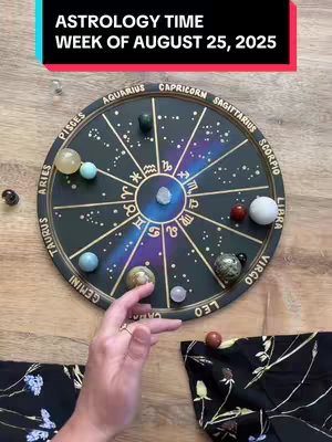 A top-down shot featuring an astrology wheel with various colored orbs, a hand, and a partially visible floral-patterned garment. The main element is a circular astrology chart with zodiac symbols. The background is a light-colored wood grain surface. A hand with a ring on a finger points towards one of the orbs. The text overlay at the top is in text form.