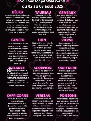 The image presents a pink and purple graphic depicting horoscopes for the weekend of August 2nd and 3rd, 2025. The top features the headline "So' lovoscope Week-end", followed by the date. Below are twelve sections, each representing a zodiac sign and containing a brief astrological forecast. The overall design is feminine, with pink accents.