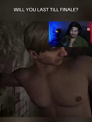 The cover image is a split screen. On the left is a blurry, slightly out-of-focus image of a male video game character from the Silent Hill 2 game. The character is shirtless and looking to the side, set against a wall. There is a smaller inset video of the streamer with a green shirt and light beard in the upper right corner, watching the game play. The text "WILL YOU LAST TILL FINALE?" is at the upper left.