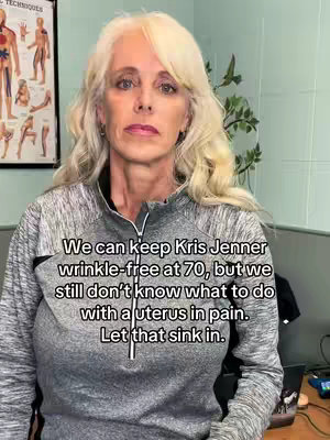 A woman with long, blonde hair and a serious expression stands in front of a medical chart, with overlaid text about women's health.
