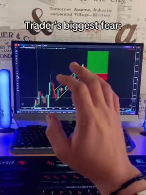 The image shows a person's hand interacting with a computer monitor displaying a stock chart, alongside a keyboard and mouse. The monitor displays a stock chart with green and red candlesticks, indicating market data. The person's hand is in the foreground, pointing at the chart. On the wall is some vintage wallpaper.
