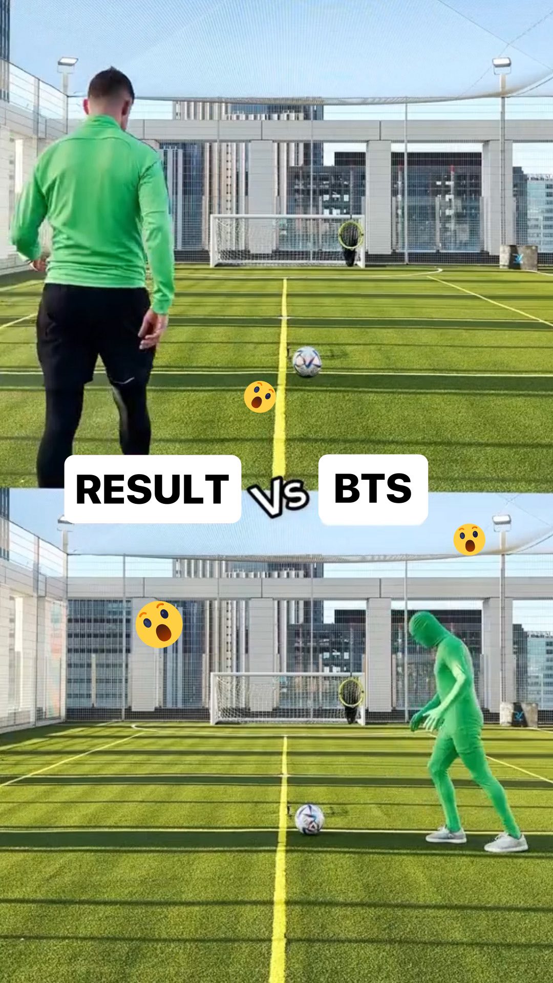 A split-screen image showing a soccer player on a rooftop soccer field. The top half shows him from the back, wearing green, preparing to kick the ball towards a goal. The bottom half has a green screen suit version of the same person running towards the ball and a goal. Text overlays indicate the result of the play versus behind-the-scenes.