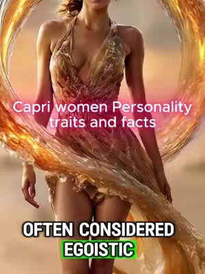 A woman in a flowing, layered dress stands outdoors with a blurred background. A golden, swirling graphic frames the upper body. Text overlays are placed on the image. The overall color palette is warm, with shades of red, gold, and brown.