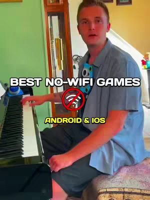 A man in a light blue shirt is seated at a piano, with a green wall behind him. Text overlayed includes the words "BEST NO-WIFI GAMES" and "ANDROID & IOS", alongside a graphic of a wifi symbol with a line through it.