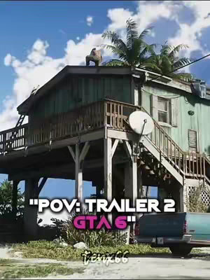 The video thumbnail captures a scene from a video game, likely depicting a rural setting. The image shows a two-story turquoise house constructed on stilts, complete with a balcony and a satellite dish. A pickup truck is parked in front of the house. Overlaid text reads "POV: TRAILER 2 GTA 6", indicating a first-person perspective from the upcoming installment of the Grand Theft Auto franchise. The sky is blue with white clouds, suggesting good weather. The visual composition is intended to attract viewers interested in gaming content.