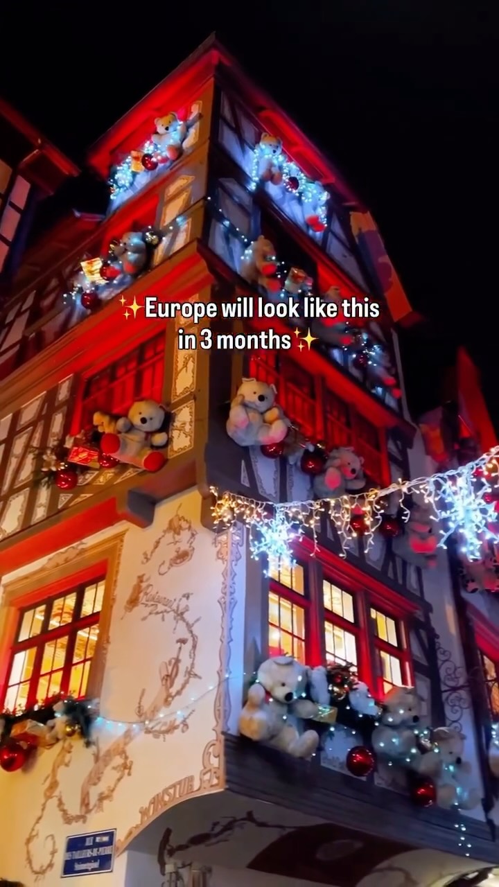 A night time shot of a building decorated with Christmas lights. The building is painted in white and beige stucco with red trim. There are teddy bears and Christmas decorations in the windows and on the building's exterior. The hook text is overlaid. The background is black.