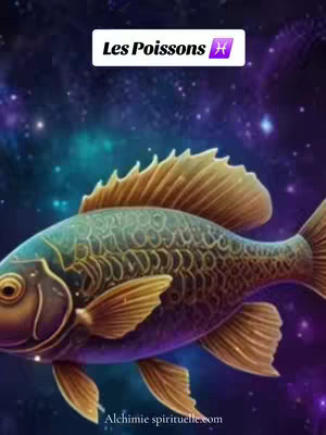 A digital artwork featuring a large, detailed fish, the central element. The fish, predominantly teal and gold, has intricate scale patterns and detailed fins. Above the fish, a white rectangular banner displays "Les Poissons" in bold black text, with a Pisces symbol on the right and set against a purple and blue nebulous background. The overall composition suggests a celestial or otherworldly theme, typical of astrology-based content.
