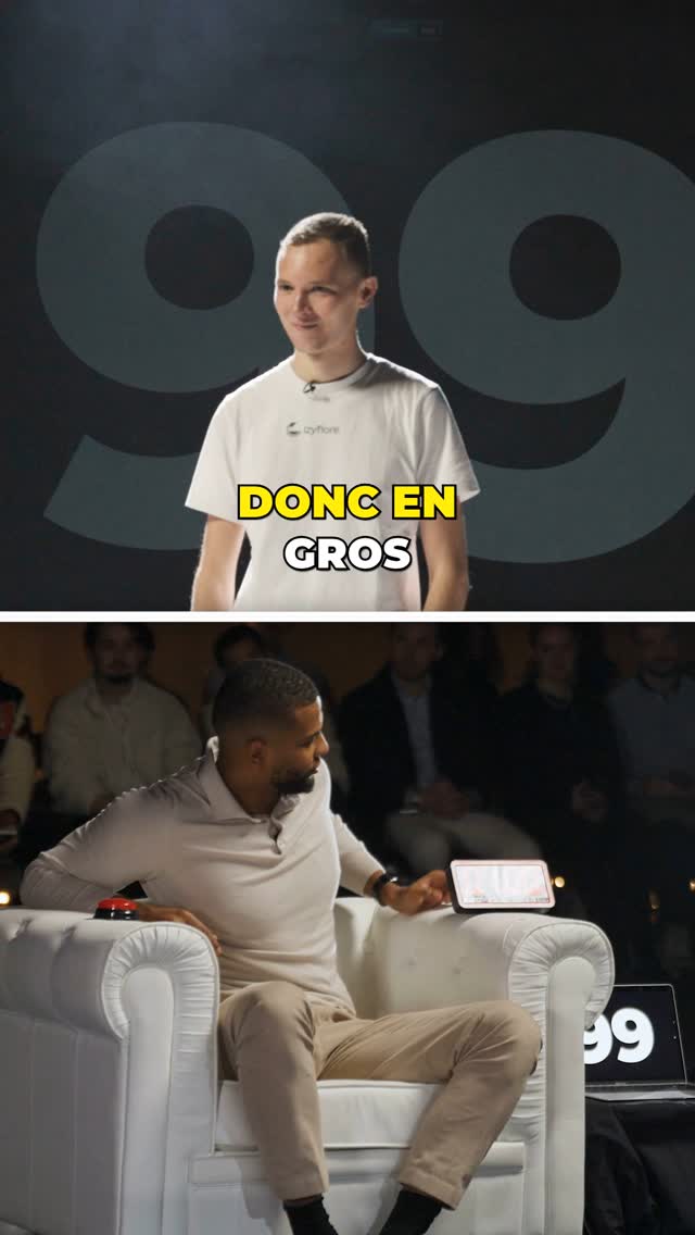 The image is a split screen. The top half shows a man in a white shirt against a dark background with a large "99" graphic. Below, another man sits in a white chair in front of a dark background, and a laptop visible on the right side along with other people visible in the background.
