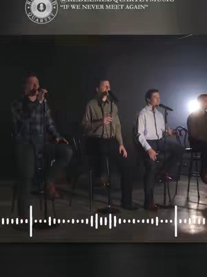 Image features four men in suits standing and singing with microphones in front of a dark background. The video includes an audio waveform and the text overlay '@REDEEMEDQUARTETMUSIC "IF WE NEVER MEET AGAIN"'.