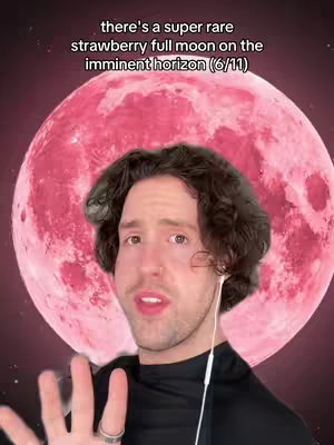 A man with brown curly hair is centered against a backdrop of a large, pinkish-red full moon. The man is wearing a black shirt and has a slight smile. Text overlayed at the top reads the video's message.