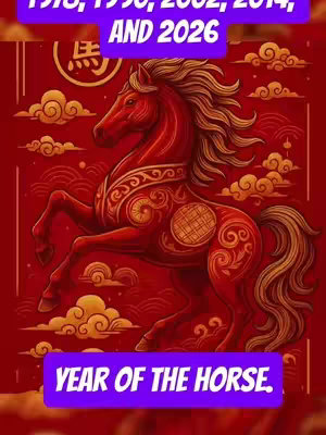 The image features a red horse with intricate detailing, against a red background adorned with clouds and Chinese characters. The horse is rearing up. Text overlays at the top and bottom state the years of importance and highlight the theme: Year of the Horse.