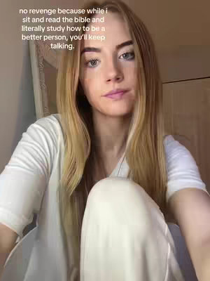 A young woman with long blonde hair sits, with text overlayed. The background is neutral, suggesting a home setting.